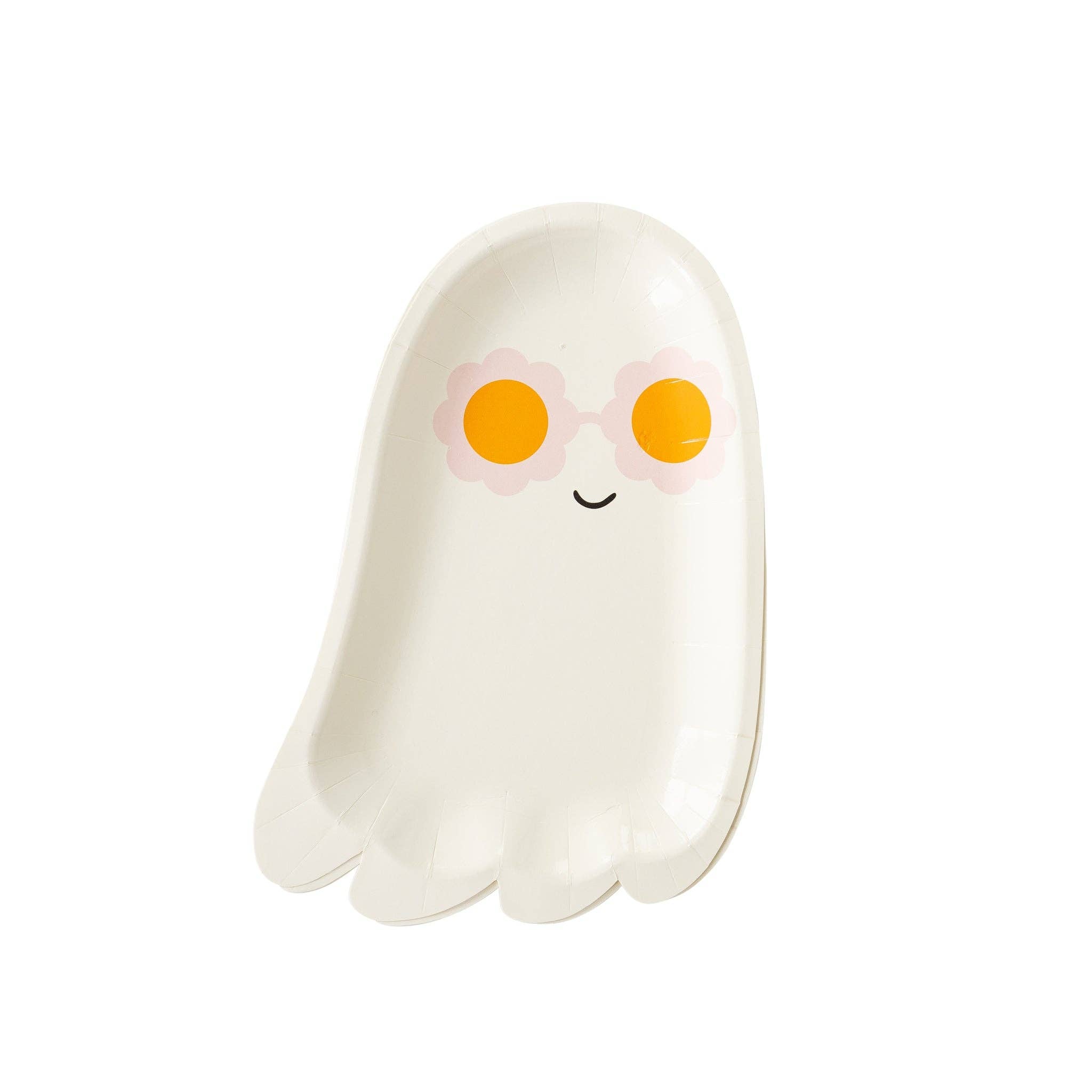 Halloween bordje in de vorm van een spookje met groovy brillen op