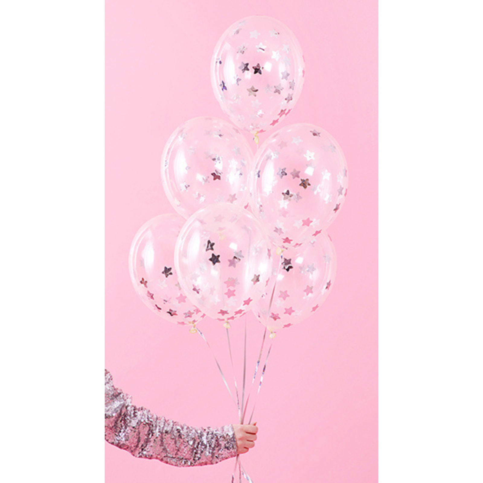 tros van 6 doorzichtige ballonnen met zilverkleurige sterren confetti