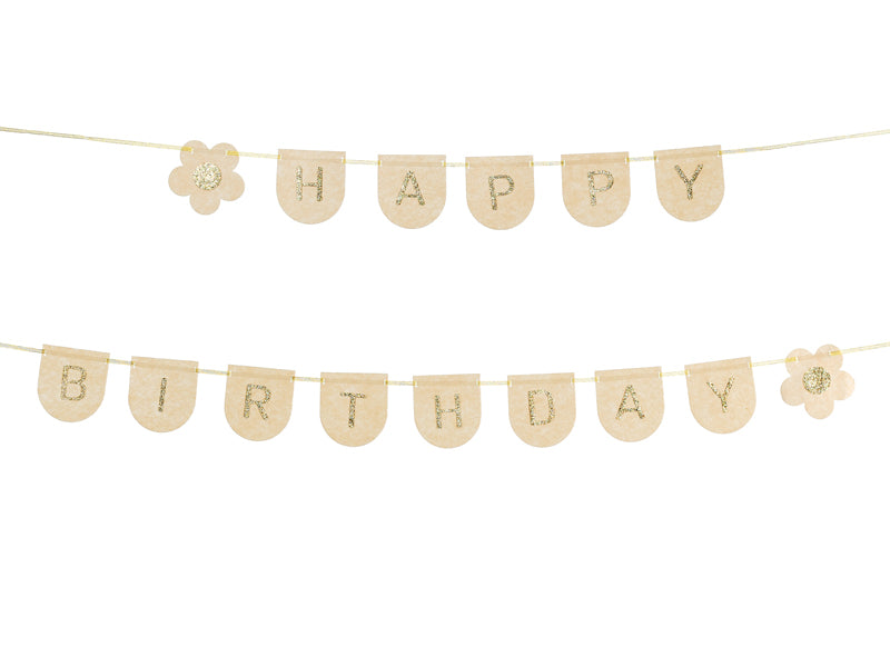 Vilten happy birthday slinger met gouden glitterletters in zachte beige tint