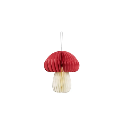 Rode en beige honeycomb paddenstoel van stevig papier, 12,5 cm hoog, met ophanglusje.