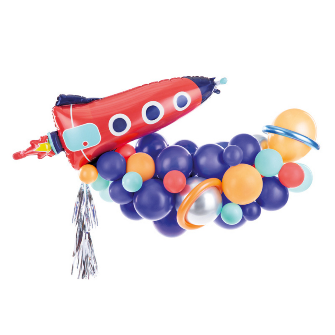 ballonslinger voor een feestje met als thema space ballonnen in de kleuren blauw oranje en folieballon in de vorm van een raket